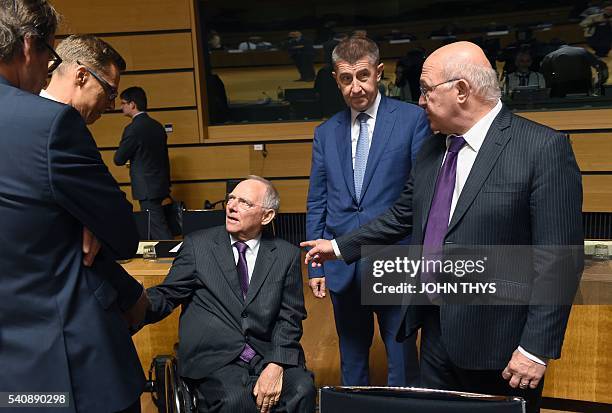 Finnish Finance Minister Alexander Stubb talks with German Finance Minister Wolfgang Schaeuble, Czech Finance Minister and ANO chairman Andrej Babis...