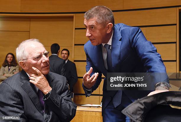 German Finance Minister Wolfgang Schaeuble talks with Czech Finance Minister and ANO chairman Andrej Babis during an Ecofin meeting in Luxembourg on...