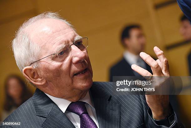 German Finance Minister Wolfgang Schaeuble talks with Czech Finance Minister and ANO chairman during an Ecofin meeting in Luxembourg on June 17,...