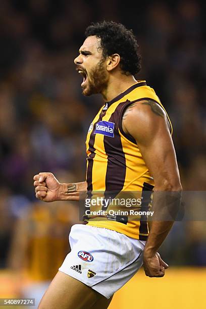 Cyril Rioli of the Hawks celebrates kicking a goal during the round 13 AFL match between the North Melbourne Kangaroos and the Hawthorn Hawks at...