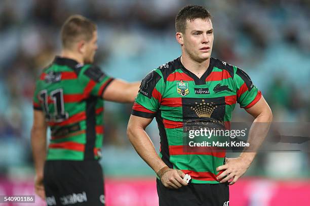 Luke Keary of the Rabbitohs looks dejected during the round 15 NRL match between the South Sydney Rabbitohs and the Parramatta Eels at ANZ Stadium on...