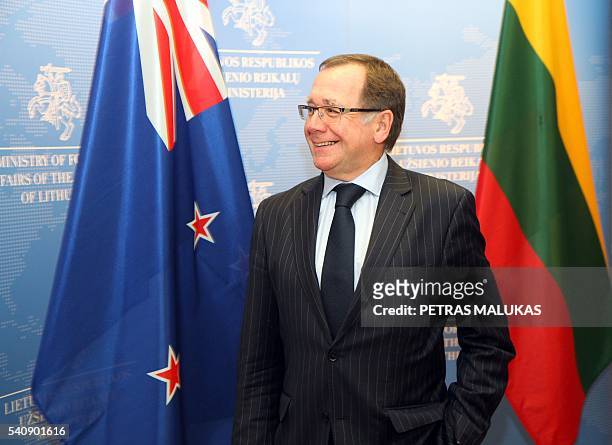 New Zealand's Foreign Minister Murray McCully reacts prior to a joint press conference with his Lithuanian counterpart Linas Linkevicius in Vilnius,...