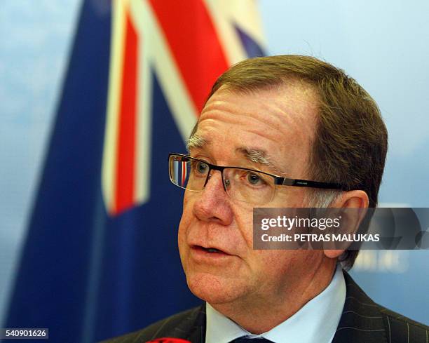 New Zealand's Foreign Minister Murray McCully talks to the media during a joint press conference with his Lithuanian counterpart Linas Linkevicius in...