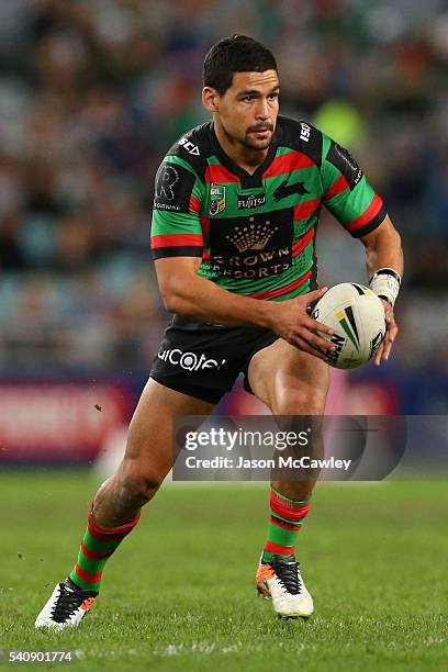 Cody Walker of the Rabbitohs runs with the ball during the round 15 NRL match between the South Sydney Rabbitohs and the Parramatta Eels at ANZ...