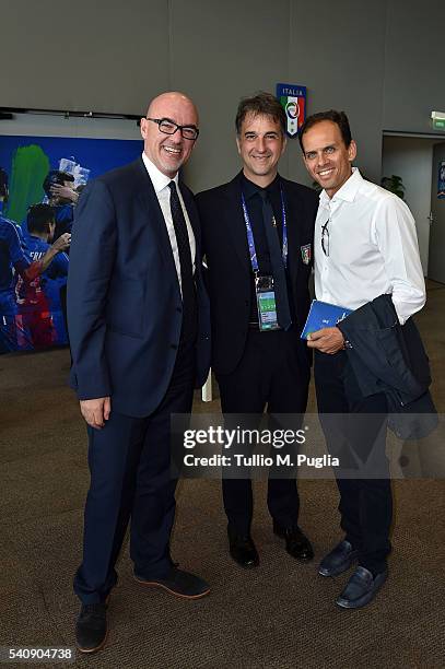 Marco Brunelli, General Manager of Serie A, Michele Uva, General Manager of FIGC, and Paolo Bedin, General Manager of Serie B pose at Casa Azzurri On...