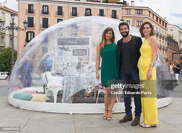 Actress Lucia Jimenez, actor Antonio Velazquez and Alejandra Osborne attend the 'home bubbles' event at Santa Isabel square on June 17, 2016 in...