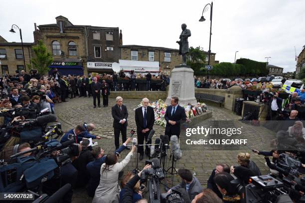 British Prime Minister David Cameron , Speaker of the House of Commons John Bercow , and Labour Party leader Jeremy Corbyn address the media after...