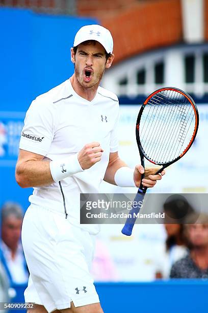 Andy Murray of Great Britain celebrates a game point during his quarter-final match against Kyle Edmund of Great Britain during day five of the Aegon...
