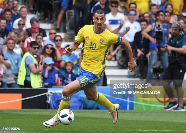 Sweden's forward Zlatan Ibrahimovic runs with the ball during the Euro 2016 group E football match between Italy and Sweden at the Stadium Municipal...