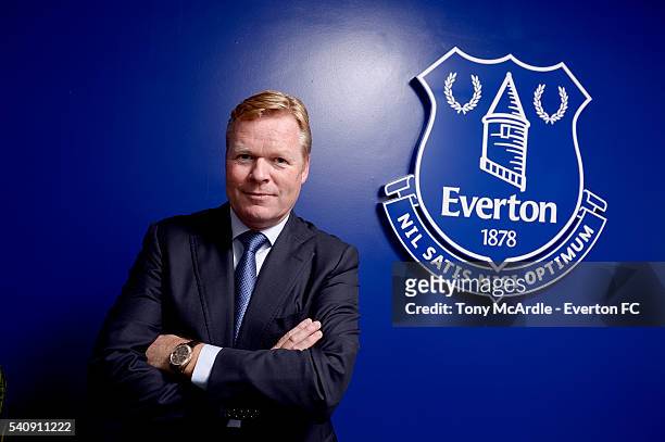 Ronald Koeman poses for a photo after his first press conference as Everton manager at Finch Farm on June 17, 2016 in Halewood, England.