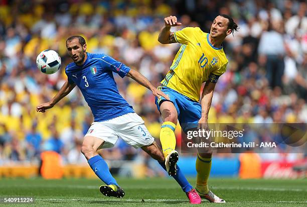 Giorgio Chiellini of Italy and Zlatan Ibrahimovich of Sweden during the UEFA EURO 2016 Group E match between Italy and Sweden at Stadium Municipal on...