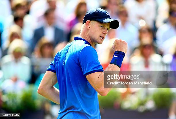 Kyle Edmund of Great Britain celebrates a game point during his quarter-final match against Andy Murray of Great Britain during day five of the Aegon...