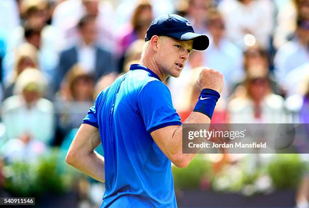 Kyle Edmund of Great Britain celebrates a game point during his quarter-final match against Andy Murray of Great Britain during day five of the Aegon...