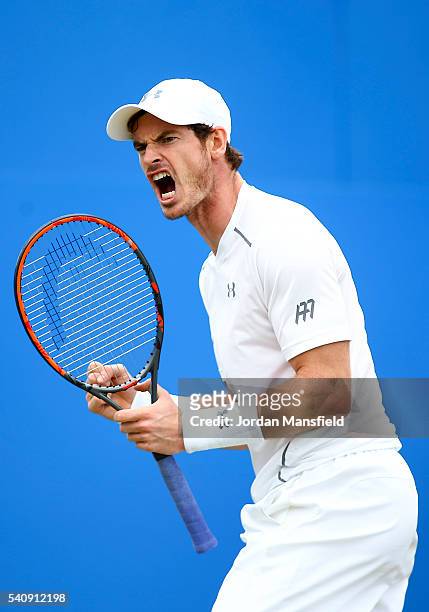 Andy Murray of Great Britain celebrates a game point during his quarter-final match against Kyle Edmund of Great Britain during day five of the Aegon...