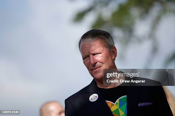 Orlando Mayor Buddy Dyer pauses during a press conference to provide an update on the assistance being provided to victims' families at the Orland...