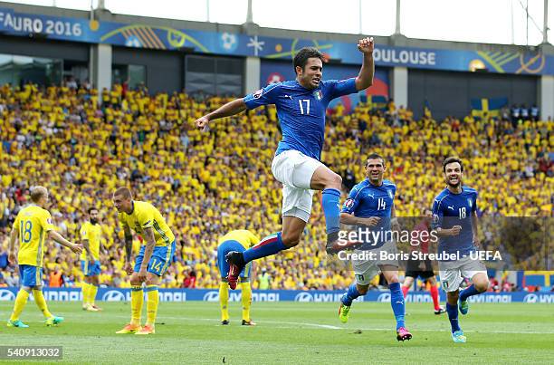 Eder of Italy celebrates after he scores his sides first goal during the UEFA EURO 2016 Group E match between Italy and Sweden at Stadium Municipal...