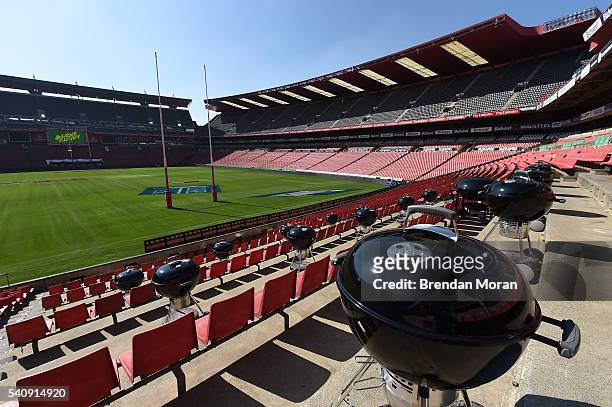 June 2016; A barbecue in the seating behind the goalsposts in Emirates Airline Park in Johannesburg, South Africa.