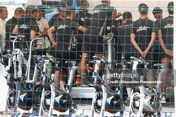 Joachim Loew , head coach of Germany talks to his players priort to a Germany training session at Ermitage Evian on June 17, 2016 in Evian-les-Bains,...