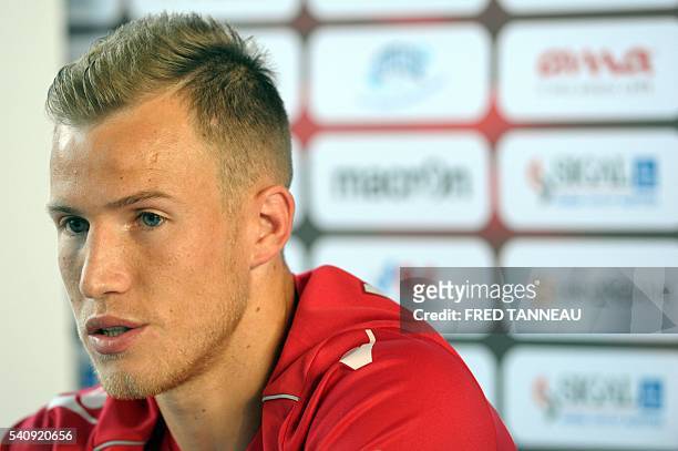 Albania's forward Bekim Balaj holds a press conference at the team's training ground in Perros-Guirec, western France, on June 17, 2016 during the...