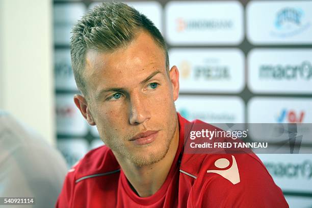 Albania's forward Bekim Balaj holds a press conference at the team's training ground in Perros-Guirec, western France, on June 17, 2016 during the...