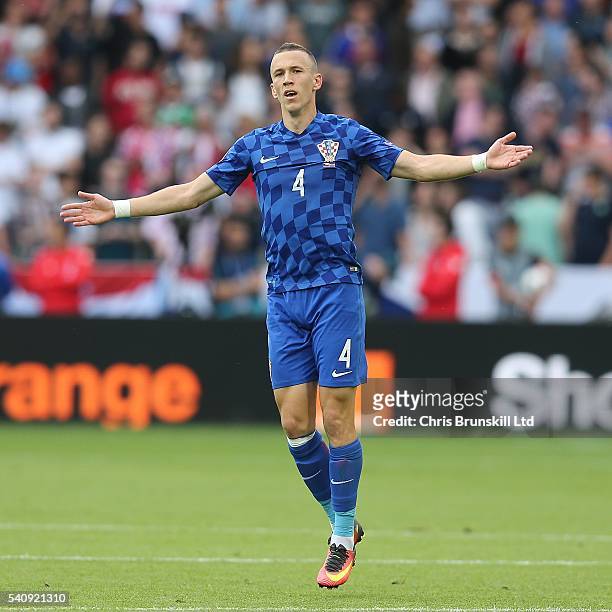 Ivan Perisic of Croatia celebrates scoring the opening goal during the UEFA Euro 2016 Group D match between the Czech Republic and Croatia at Stade...