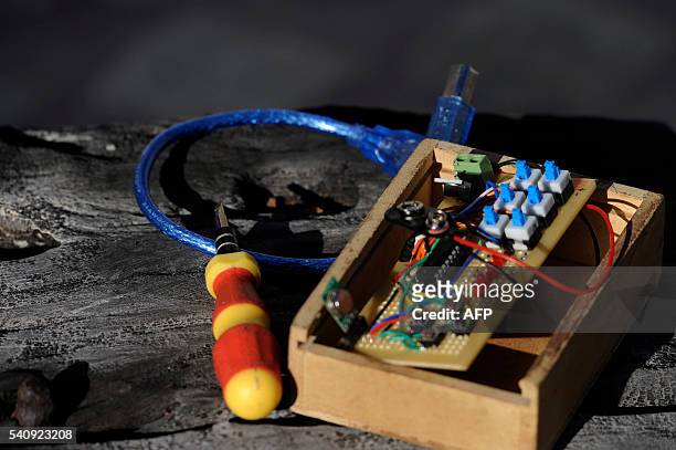 View of the remote control of a robot made by Argentinian industrial engeneering student of the National University of Cuyo, Marcos Bruno, in...