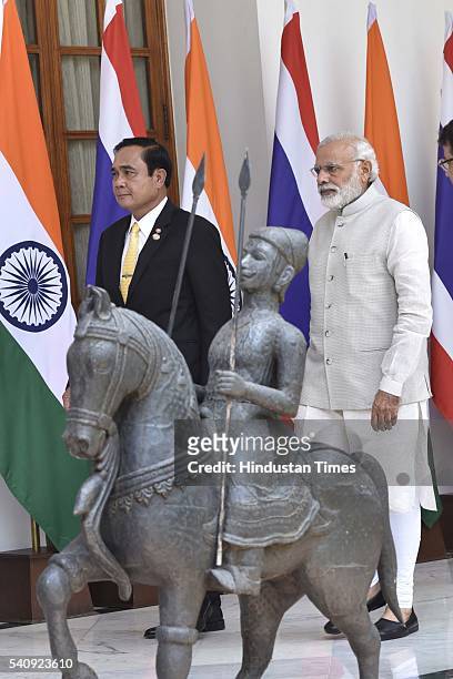 Prime Minister Narendra Modi with Thailand Prime Minister Prayuth Chan-ocha during a meeting at Hyderabad House on June 17, 2016 in New Delhi, India....