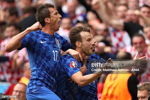 Ivan Rakitic of Croatia celebrates scoring a goal to make the score 0-2 during the UEFA EURO 2016 Group D match between Czech Republic and Croatia at...
