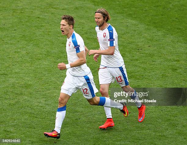 Milan Skoda of Czech Republic celebrates with Jaroslav Plasil of Czech Republic after he scored his sides first goal during the UEFA EURO 2016 Group...