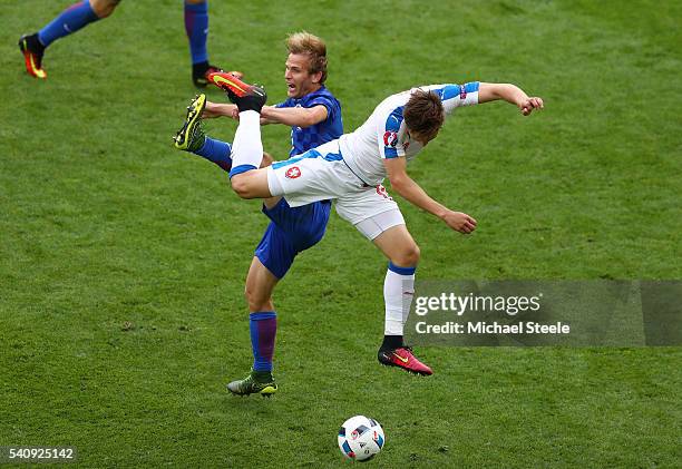 Josef Sural of Czech Republic and Ivan Strinic of Croatia battle for posession during the UEFA EURO 2016 Group D match between Czech Republic and...