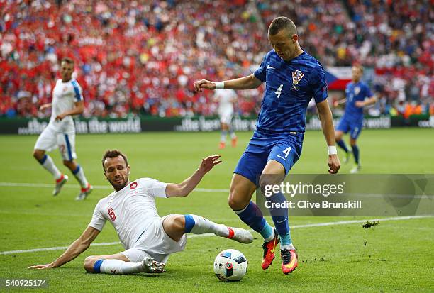 Tomas Sivok of Czech Republic makes a tckle on Ivan Perisic of Croatia during the UEFA EURO 2016 Group D match between Czech Republic and Croatia at...