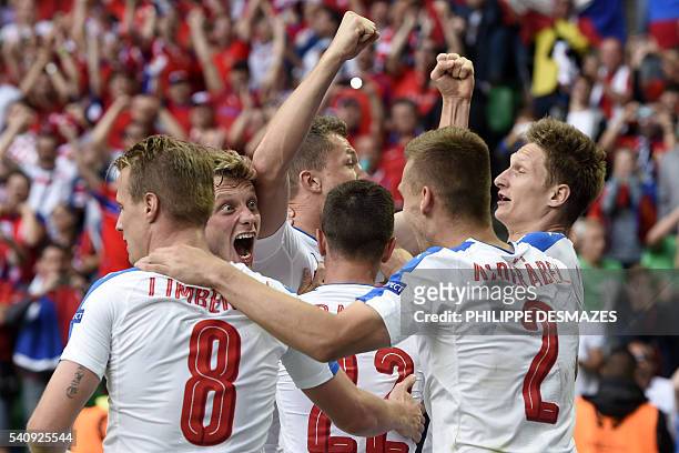 Czech Republic's players celebrate after forward Tomas Necid scored during the Euro 2016 group D football match between Czech Republic and Croatia at...
