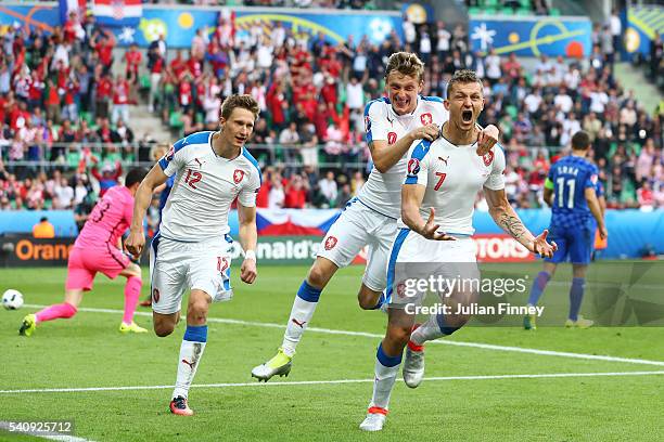 Tomas Necid of Czech Republic celebrates with Milan Skoda and Ladislav Krejci after he scores from the penalty spot to make the score 2-2 during the...