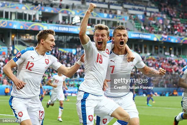 Tomas Necid of Czech Republic celebrates with Milan Skoda and Ladislav Krejci after he scores from the penalty spot to make the score 2-2 during the...