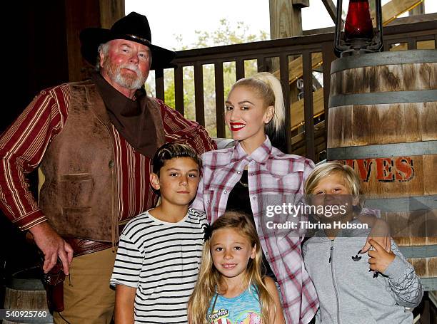 Gwen Stefani her son Kingston Rossdale, niece Stella Stefani and son Zuma Rossdale attend the relaunch of GhostRider at Knott's Berry Farm on June...