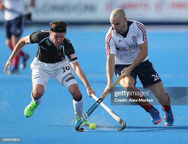 Martin Zwicker of Germany and Nick Catlin of Great Britain during the FIH Mens Hero Hockey Champions Trophy 3rd-4th place match between Germany and...