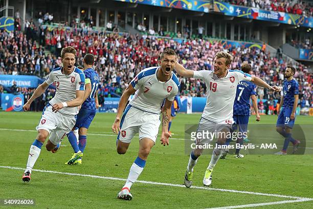 Tomas Necid of Czech Republic celebrates scoring a penalty to make the score 2-2 during the UEFA EURO 2016 Group D match between Czech Republic and...