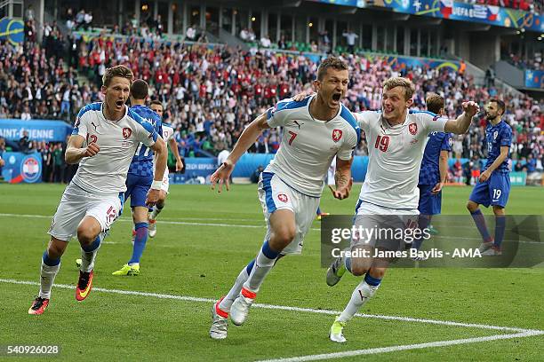 Tomas Necid of Czech Republic celebrates scoring a penalty to make the score 2-2 during the UEFA EURO 2016 Group D match between Czech Republic and...