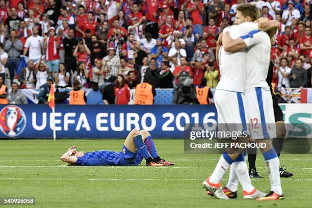 Croatia's defender Domagoj Vida reacts after the Euro 2016 group D football match between Czech Republic and Croatia at the Geoffroy-Guichard stadium...