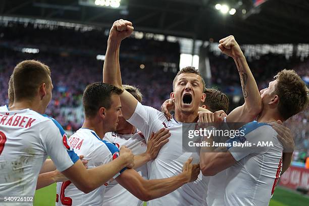 Tomas Necid of Czech Republic celebrates scoring a penalty to make the score 2-2 during the UEFA EURO 2016 Group D match between Czech Republic and...