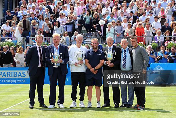 Presentation is made for four time champions Boris Becker of Germany, John McEnroe of the USA, Roy Emerson of Australia and Lleyton Hewitt of...