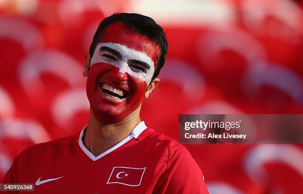 Colourful Turkey fan enjoys the atmosphere prior to the UEFA EURO 2016 Group D match between Spain and Turkey at Allianz Riviera Stadium on June 17,...