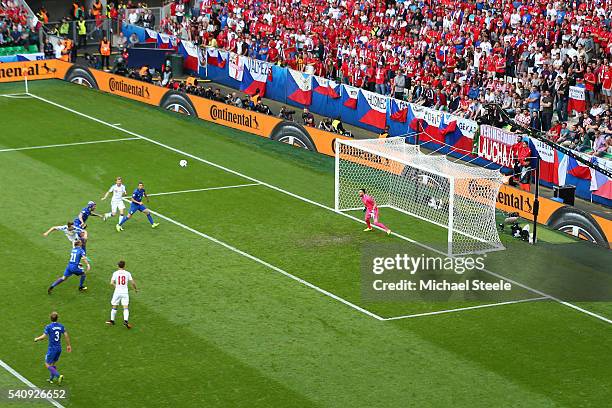 Milan Skoda of Czech Republic scores his sides first goal past Danijel Subasic of Croatia during the UEFA EURO 2016 Group D match between Czech...