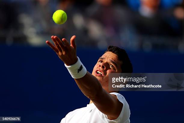 Milos Raonic of Canada serves against Roberto Bautista Agut of Spain in their quarter final match during day five of The Aegon Championships at The...