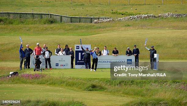 Scott Gregory of Corhampton plays his first shot on the 12th tee during The Amateur Championship 2016 - Day Five at Royal Porthcawl Golf Club on June...