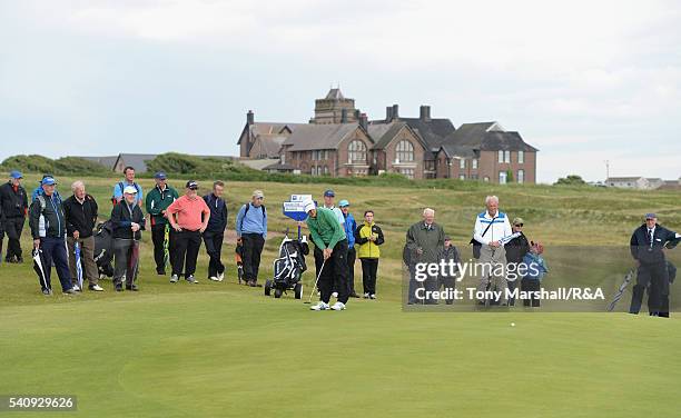 Paul McBride of The Island putts on the 1st green during The Amateur Championship 2016 - Day Five at Royal Porthcawl Golf Club on June 17, 2016 in...