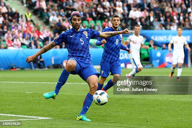 Vedran Corluka of Croatia clears the ball during the UEFA EURO 2016 Group D match between Czech Republic and Croatia at Stade Geoffroy-Guichard on...