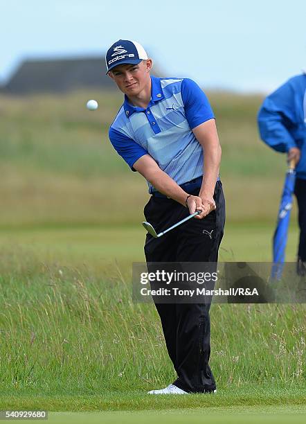 Scott Gregory of Corhampton chips onto the 16th green during The Amateur Championship 2016 - Day Five at Royal Porthcawl Golf Club on June 17, 2016...