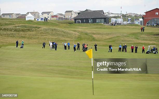 Robert MacIntyre of Glencruitten plays his second shot on the 1st fairway during The Amateur Championship 2016 - Day Five at Royal Porthcawl Golf...