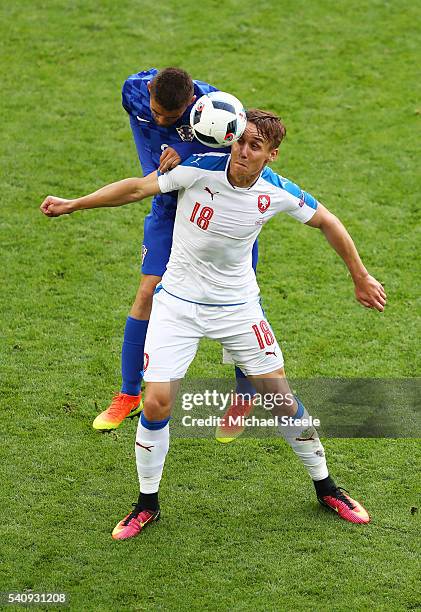 Mateo Kovacic of Croatia jumps with Josef Sural of Czech Republic to attempt to win possesion during the UEFA EURO 2016 Group D match between Czech...